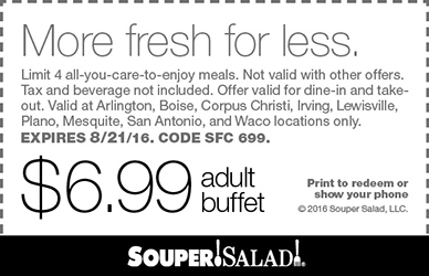 Souper Salad Coupon March 2024 $7 bottomless buffet at Souper Salad