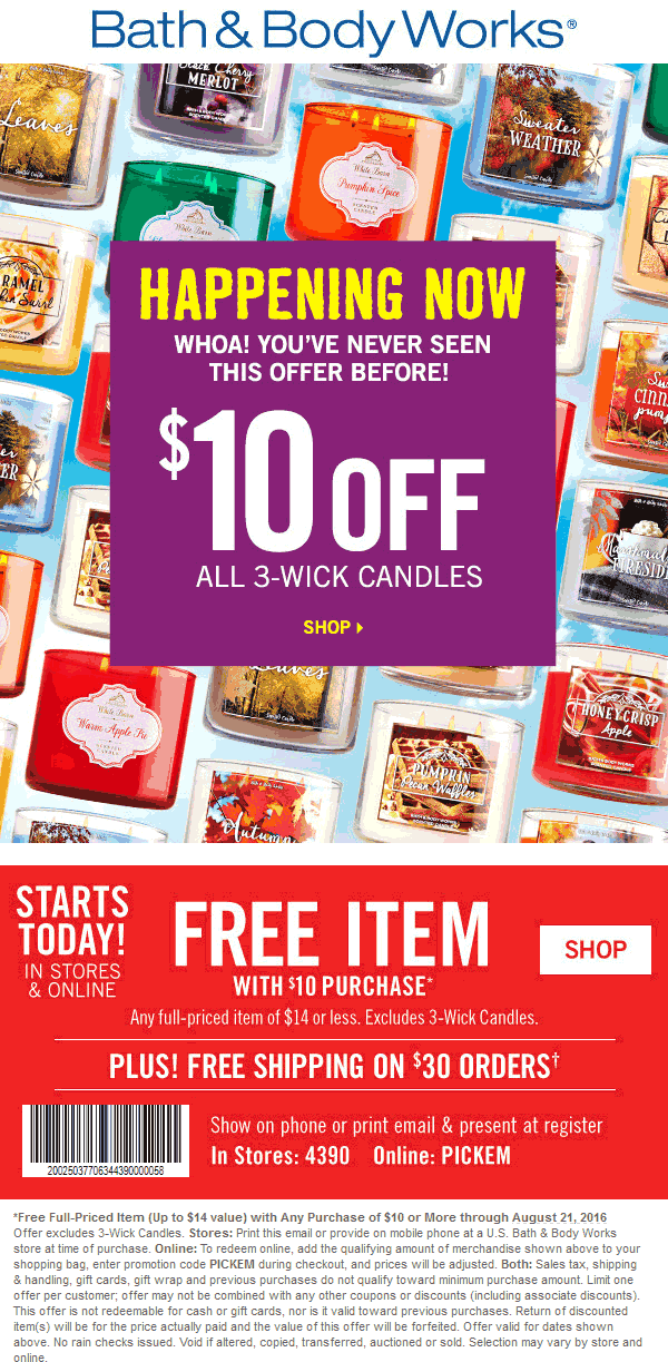 Bath & Body Works Coupon March 2024 $14 item free with $10 spent at Bath & Body Works, or online via promo code PICKEM