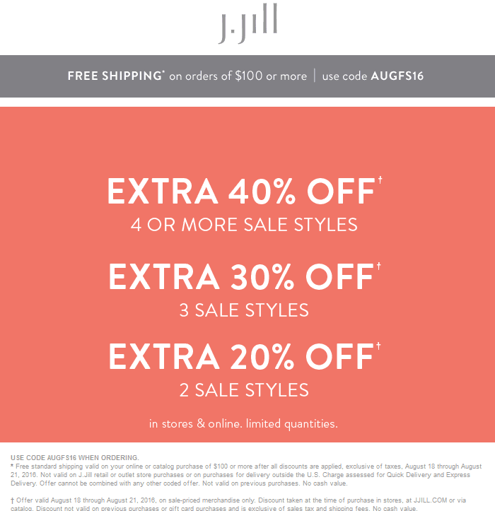 J.Jill Coupon April 2024 20-40% off at J.Jill, or online via promo code AUGFS16