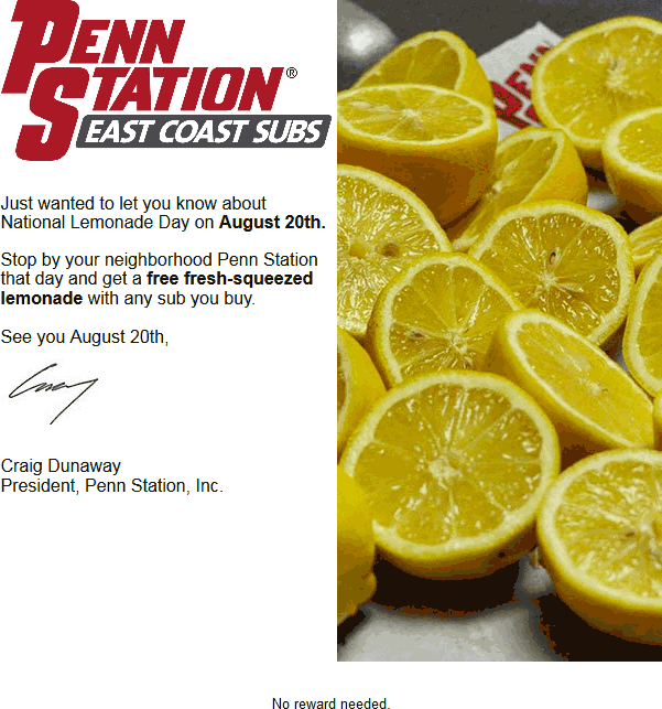 Penn Station Coupon April 2024 Free lemonade Saturday at Penn Station subs
