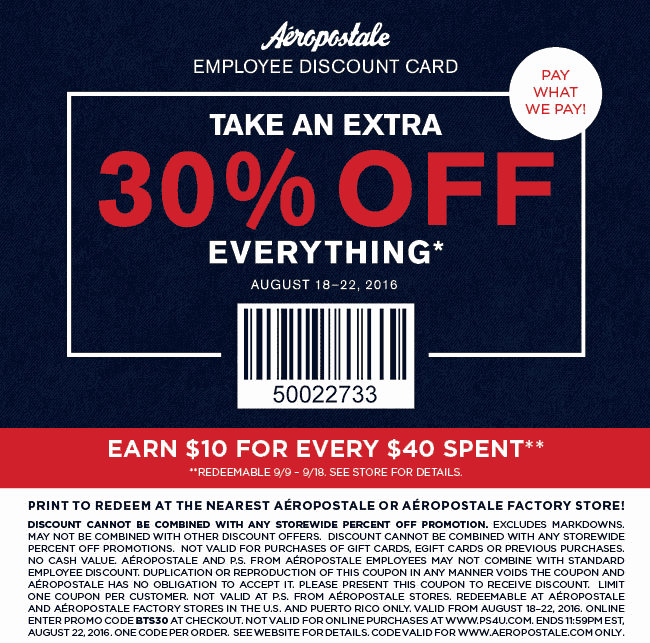 Aeropostale Coupon March 2024 Extra 30% off everything at Aeropostale, or online via promo code BTS30