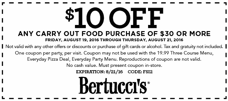 Bertuccis Coupon April 2024 $10 off $30 on takeout at Bertuccis restaurants