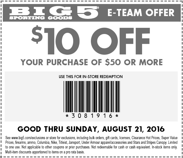 Big 5 Coupon April 2024 $10 off $50 at Big 5 sporting goods