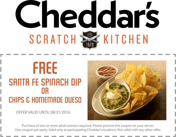 Cheddars Scratch Kitchen Coupon April 2024 Free spinach dip or chips n queso with your entree at Cheddars Scratch Kitchen