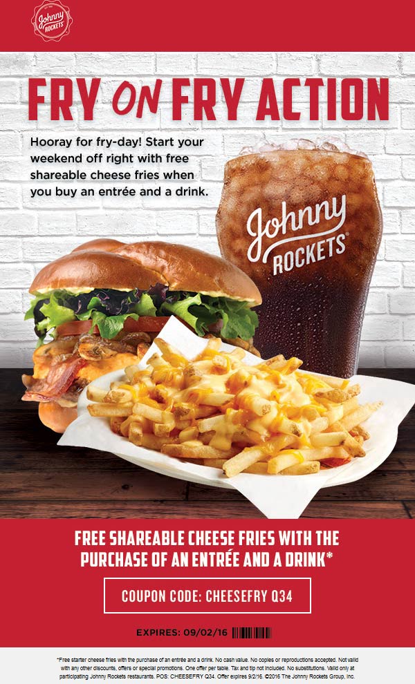 Johnny Rockets Coupon March 2024 Large cheese fries free with your burger & drink at Johnny Rockets