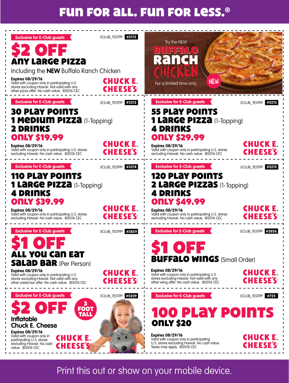 Chuck E. Cheese Coupon April 2024 100 tokens for $20 & more at Chuck E. Cheese pizza