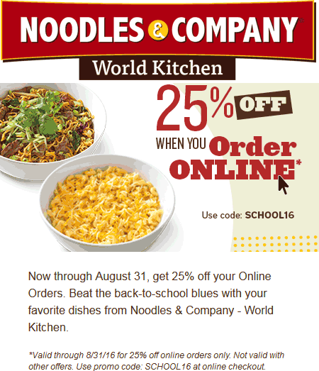 Noodles & Company Coupon April 2024 25% off online orders at Noodles & Company restaurants