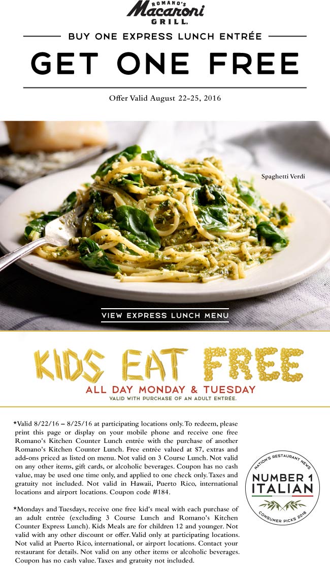 Macaroni Grill Coupon April 2024 Second lunch free at Macaroni Grill