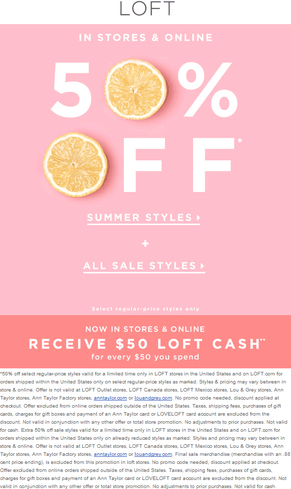 LOFT Coupon April 2024 Extra 50% off sale styles at LOFT, ditto online