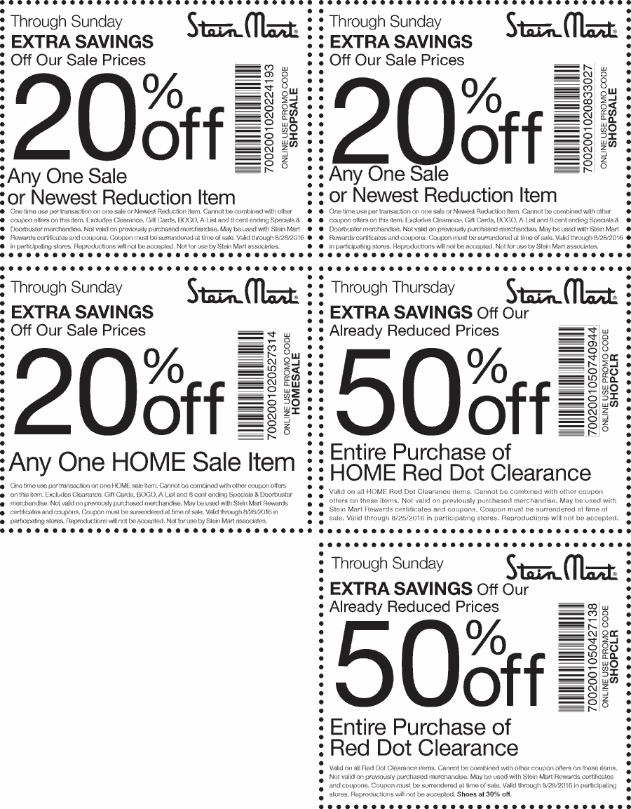 Stein Mart Coupon April 2024 Extra 50% off clearance & more at Stein Mart, or online via promo code SHOPCLR
