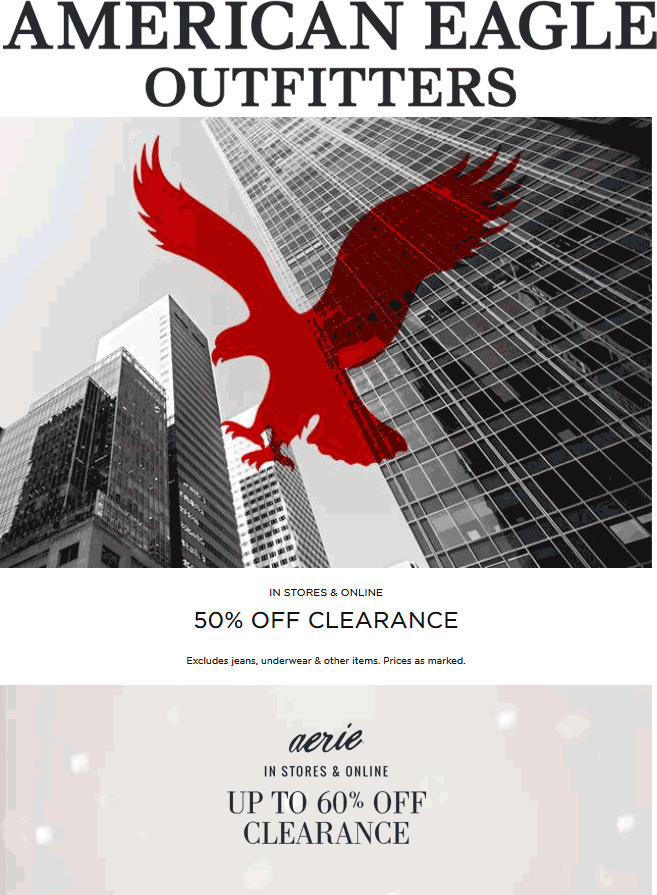 American Eagle Outfitters Coupon April 2024 50% off clearance at American Eagle Outfitters, ditto online