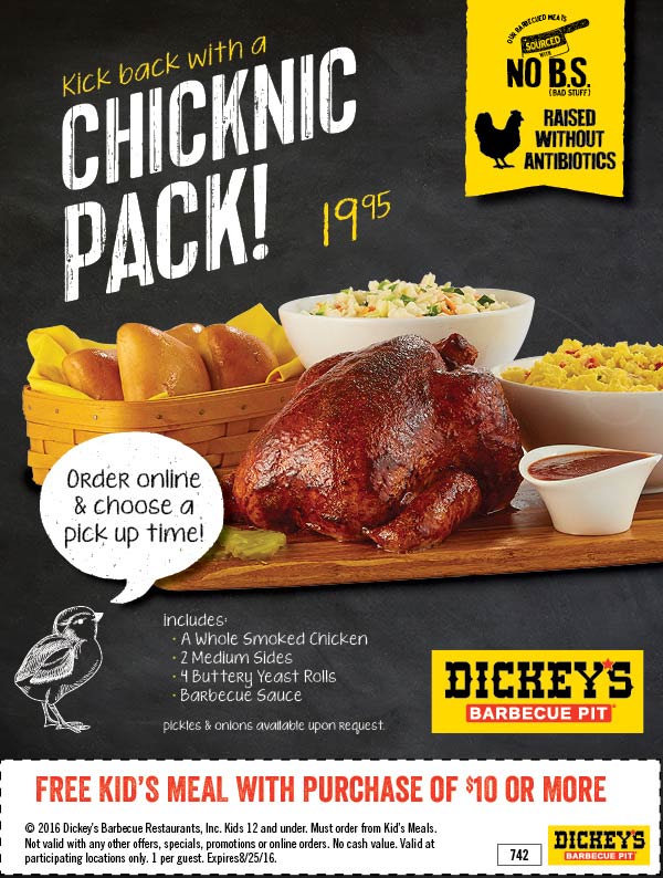 Dickeys Barbecue Pit Coupon April 2024 Free kids meal with $10 spent at Dickeys Barbecue Pit