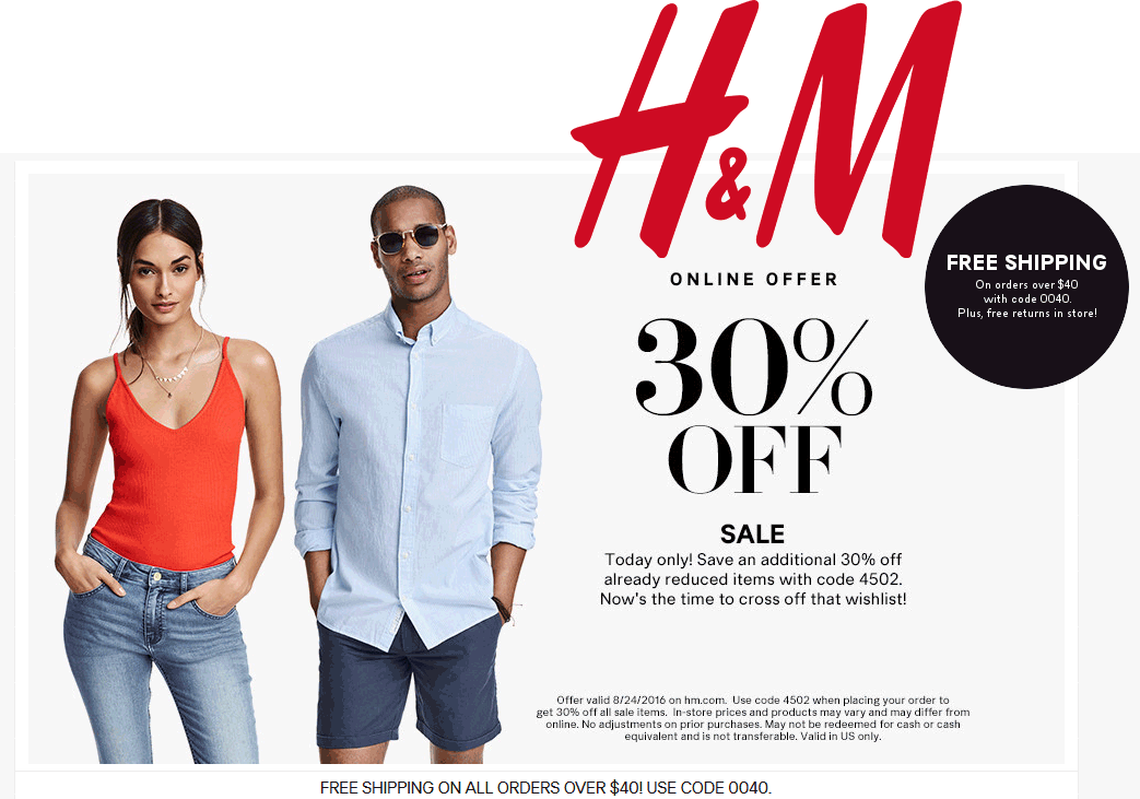 H&M Coupon April 2024 30% off today at H&M via promo code 4502