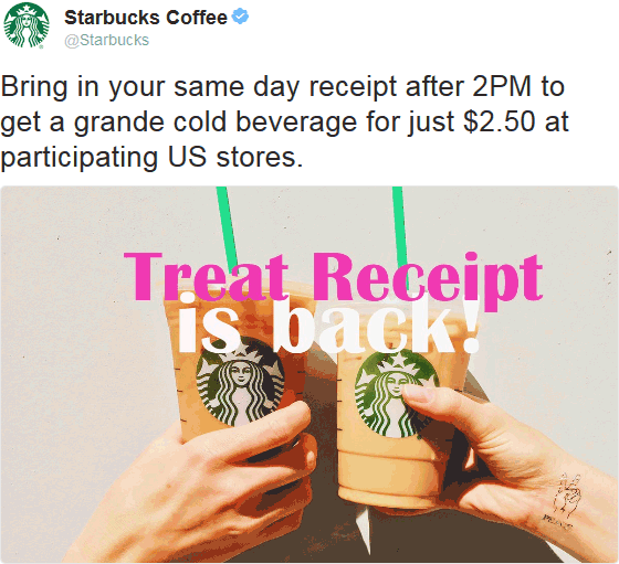 Starbucks Coupon April 2024 Bring morning receipt for a $2.50 cold grande after 2p at Starbucks