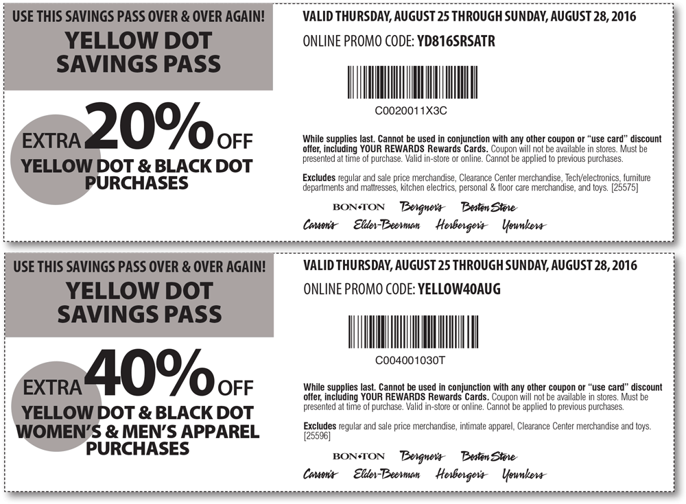 Carsons Coupon April 2024 Extra 40% off yellow clearance at Carsons, Bon Ton & sister stores, or online via promo code YELLOW40AUG