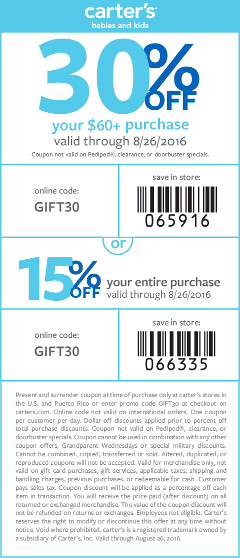 Carters Coupon April 2024 15-30% off at Carters, or online via promo code GIFT30
