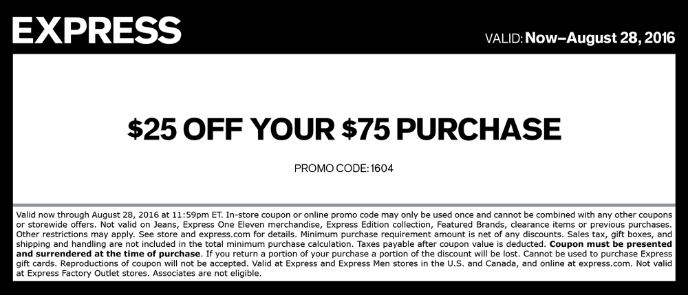 Express Coupon April 2024 $25 off $75 at Express, or online via promo code 1604