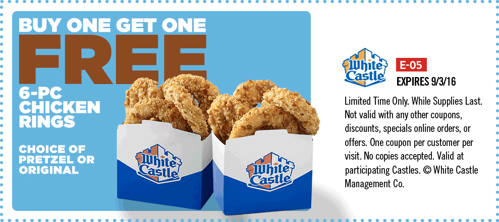White Castle Coupon April 2024 Second 6pc chicken rings free at White Castle