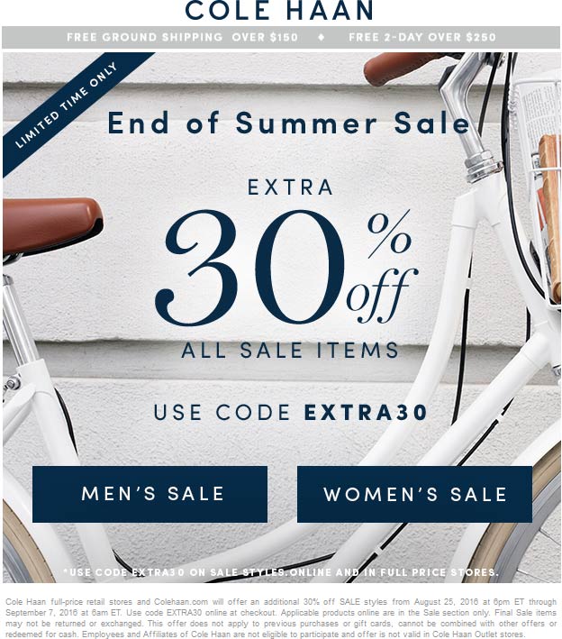 Cole Haan Coupon April 2024 Extra 30% off sale items at Cole Haan, or online via promo code EXTRA30