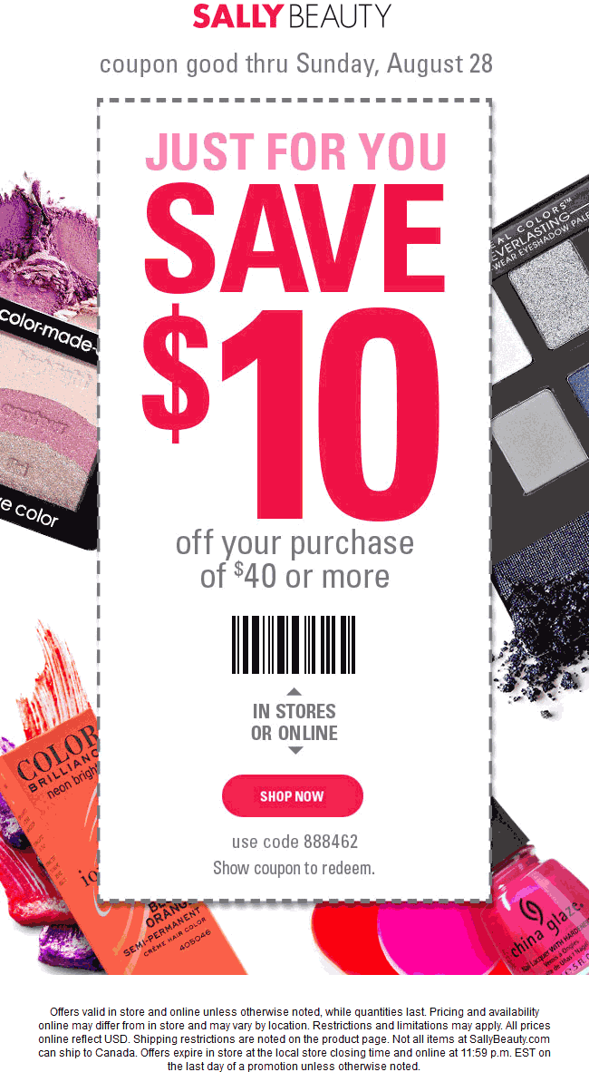 Sally Beauty Coupon April 2024 $10 off $40 at Sally Beauty, or online via promo code 888462
