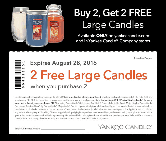 Yankee Candle Coupon April 2024 4-for-2 on large candles at Yankee Candle, or online via promo code FALLB2