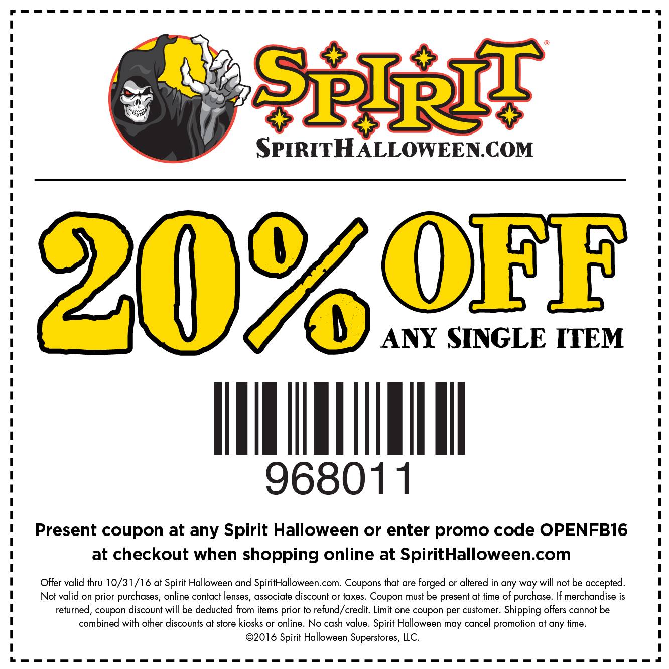 Spirit Halloween Coupon April 2024 20% off a single item at Spirit Halloween, or online via promo code OPENFB16