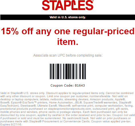 Staples Coupon April 2024 15% off a single item today at Staples