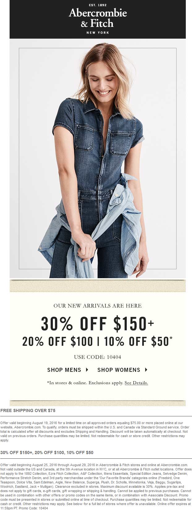 Abercrombie & Fitch Coupon April 2024 10-30% off $50+ at Abercrombie & Fitch, or online via promo code 10404