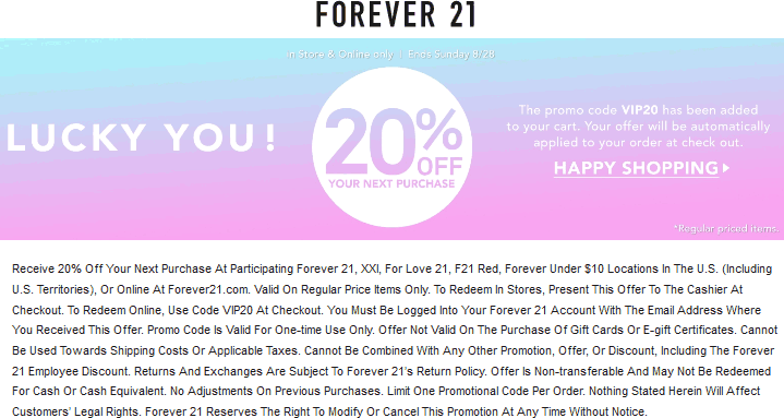 Forever 21 Coupon April 2024 20% off today at Forever 21, or online via promo code VIP20