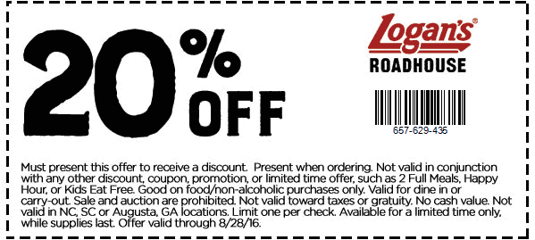 Logans Roadhouse Coupon March 2024 20% off today at Logans Roadhouse restaurants