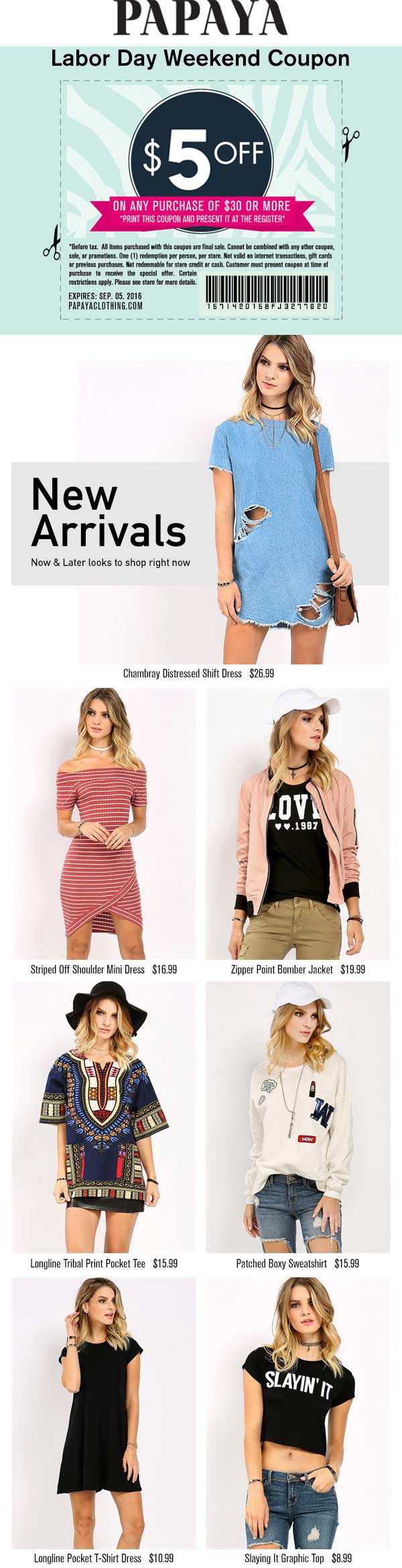 Papaya Coupon April 2024 $5 off $30 at Papaya clothing