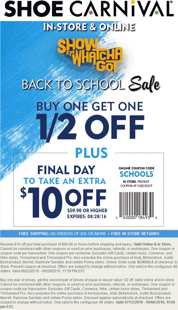 Shoe Carnival Coupon April 2024 $10 off $60 at Shoe Carnival, or online via promo code SCHOOL5