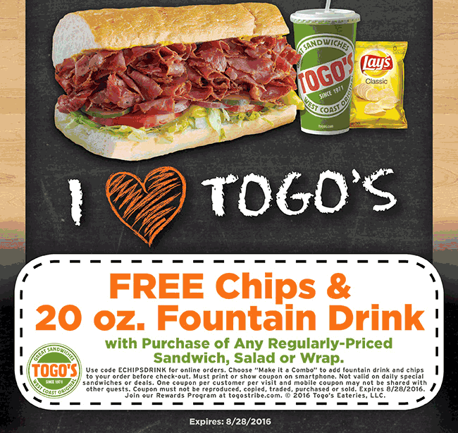 Togos Coupon April 2024 Free chips & drink with your sandwich today at Togos