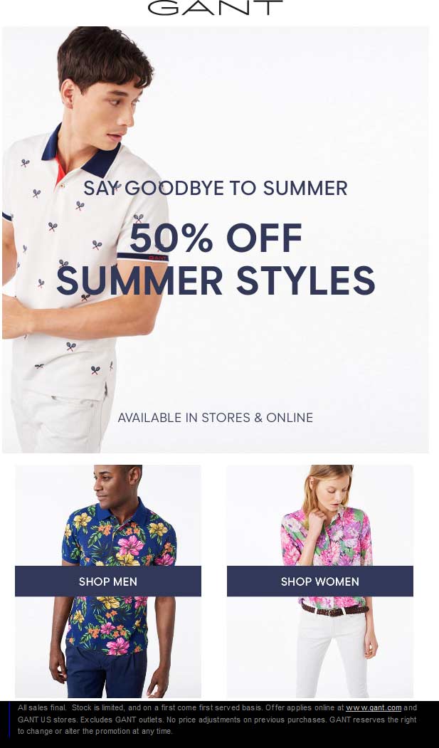 Gant Coupon April 2024 Extra 50% off Summer at Gant, ditto online