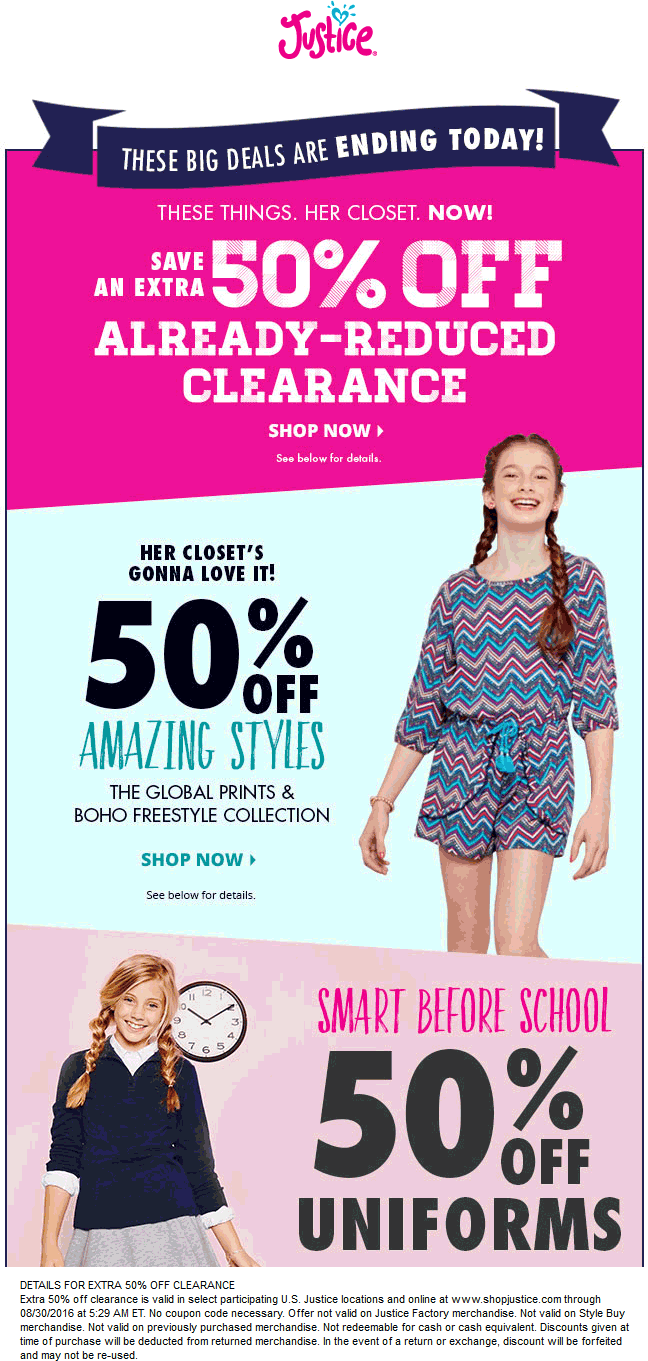 Justice Coupon April 2024 Extra 50% off clearance today at Justice, ditto online