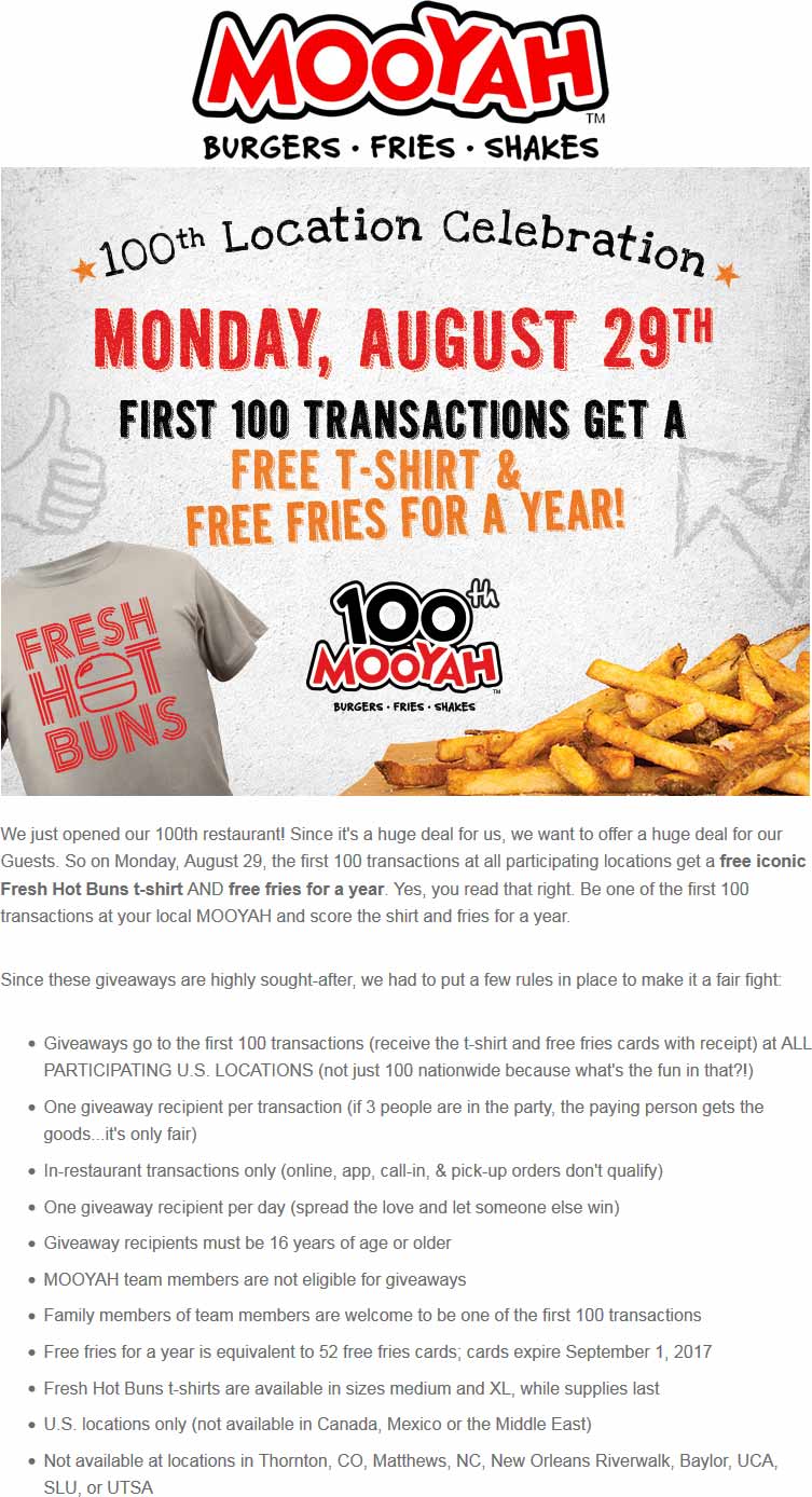 Mooyah Coupon April 2024 Free fries for 1yr + t-shirt to first 100 today at Mooyah restaurants
