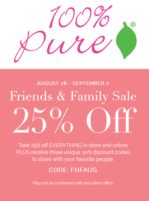 100% Pure Coupon April 2024 25% off at 100% Pure cosmetics, or online via promo code FNFAUG