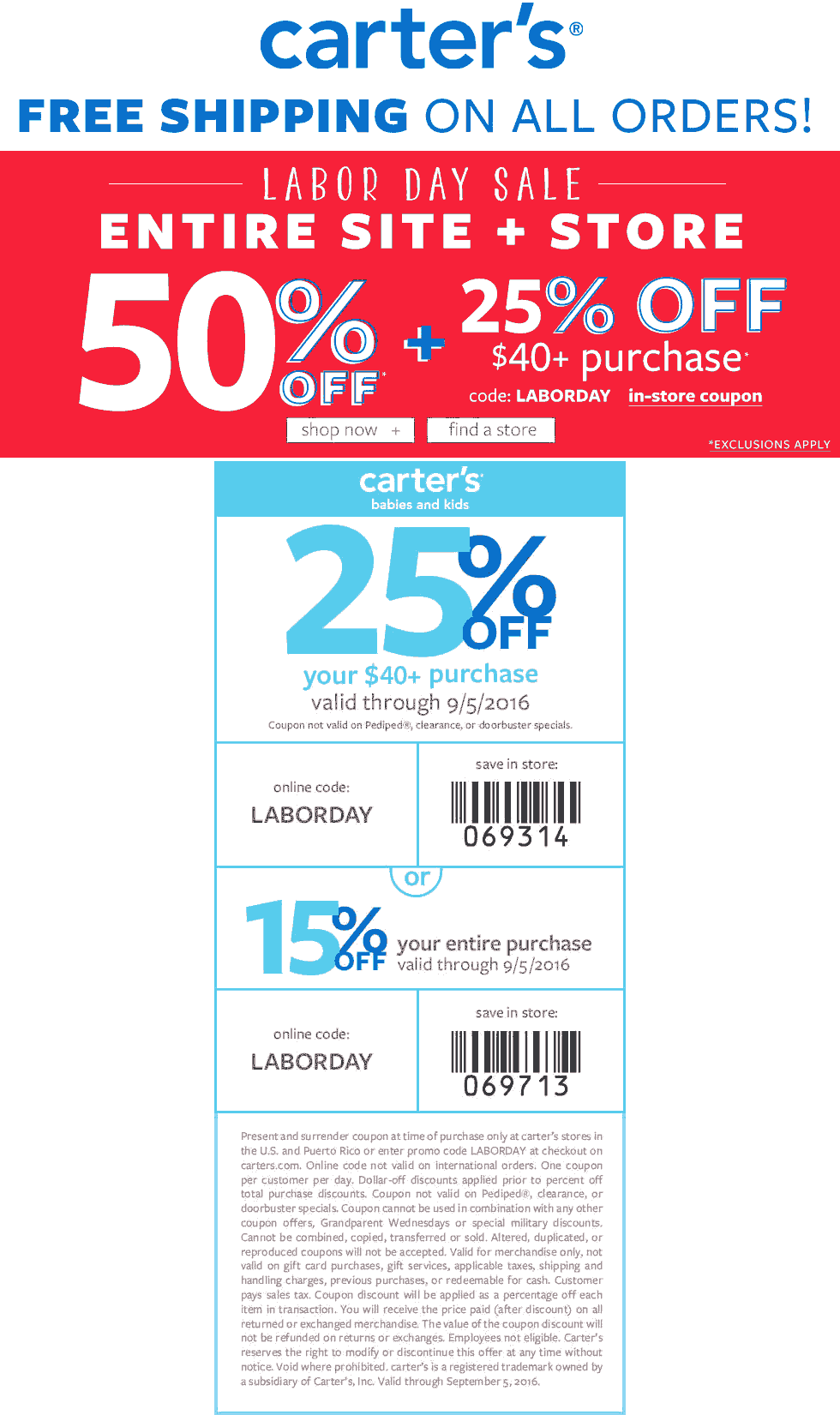 Carters Coupon April 2024 50% off everything + another 25% off $40 at Carters, or online via promo code LABORDAY