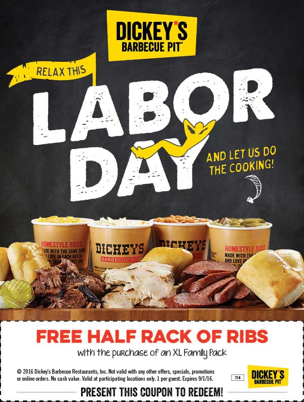 Dickeys Barbecue Pit Coupon April 2024 Free half rack ribs with your family pack at Dickeys Barbecue Pit restaurants