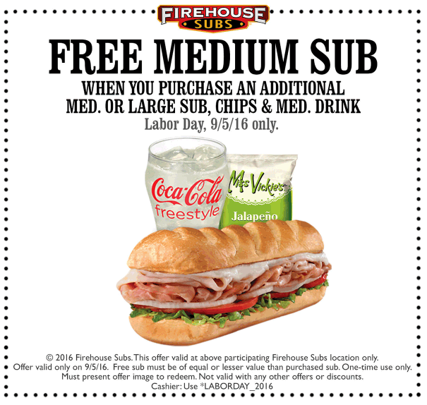 Firehouse Subs Coupon April 2024 Second sub sandwich free with your meal Monday at Firehouse Subs