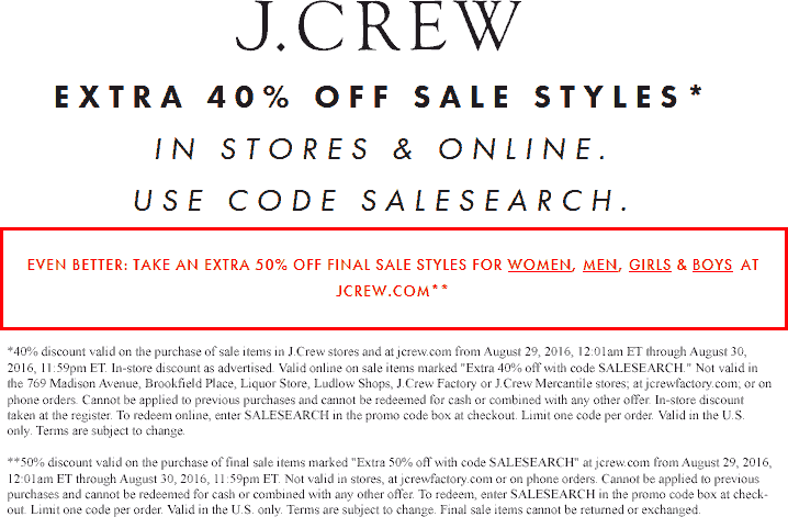 J.Crew Coupon April 2024 40% off sale, 50% off clearance today at J.Crew, or online via promo code SALESEARCH