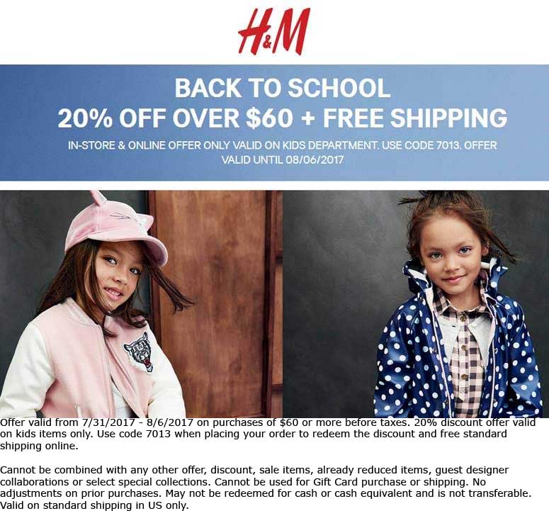 H&M Coupon April 2024 Kids items are 20% off $60 at H&M, or online via promo code 7013