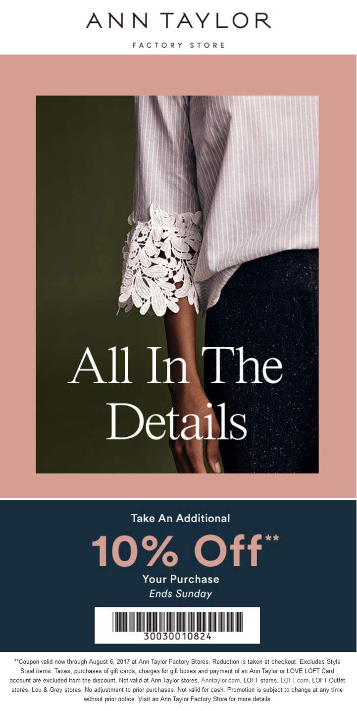 Ann Taylor Factory Coupon April 2024 Extra 10% off at Ann Taylor Factory locations