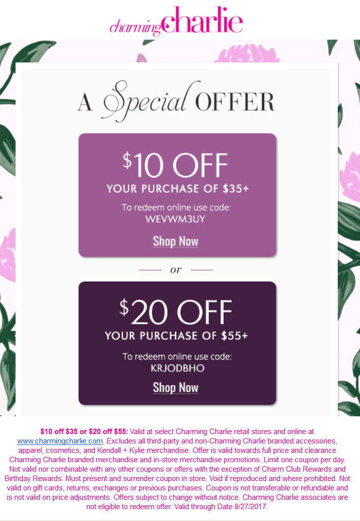 Charming Charlie Coupon April 2024 $10 off $35 & more at Charming Charlie, or online via promo code WEVWM3UY
