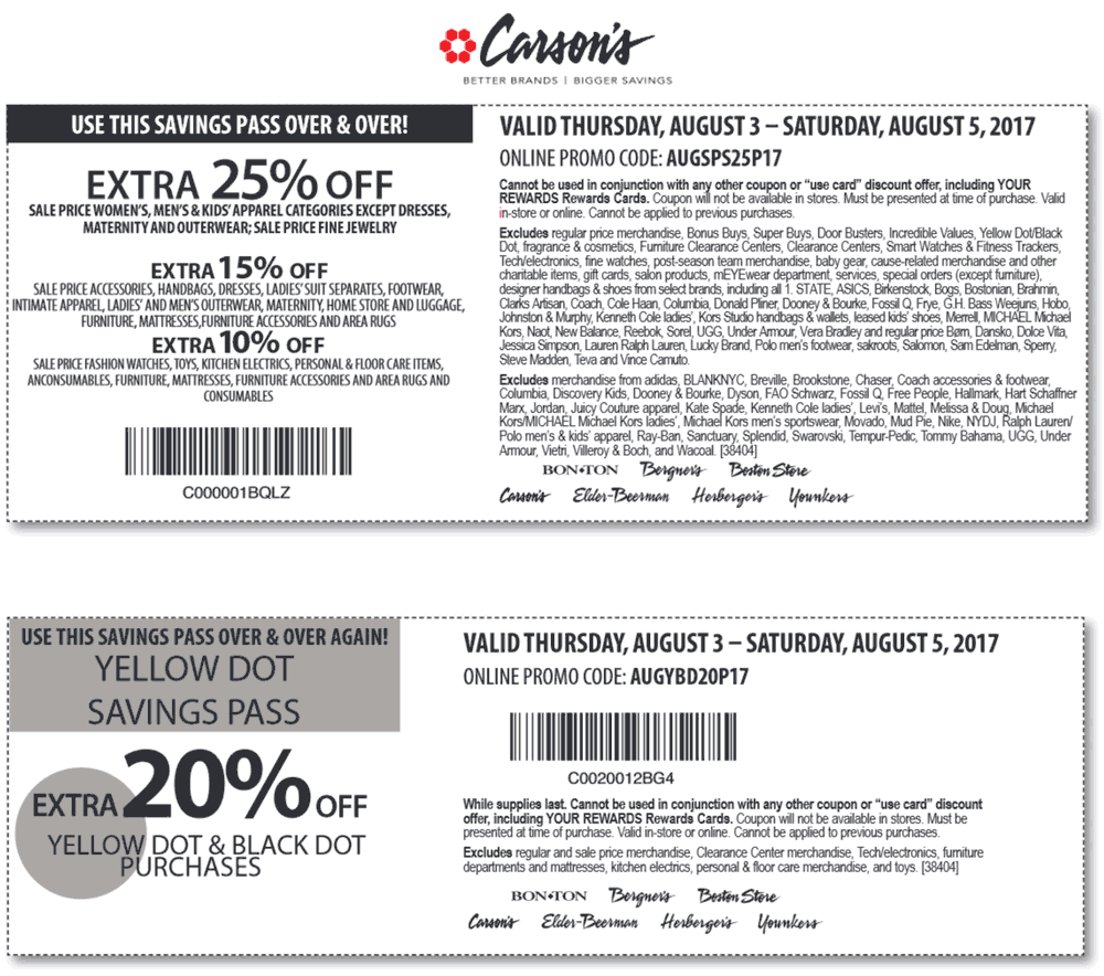 Carsons Coupon April 2024 Extra 25% off sale items today at Carsons, Bon Ton & sister stores, or online via promo code AUGSPS25P17