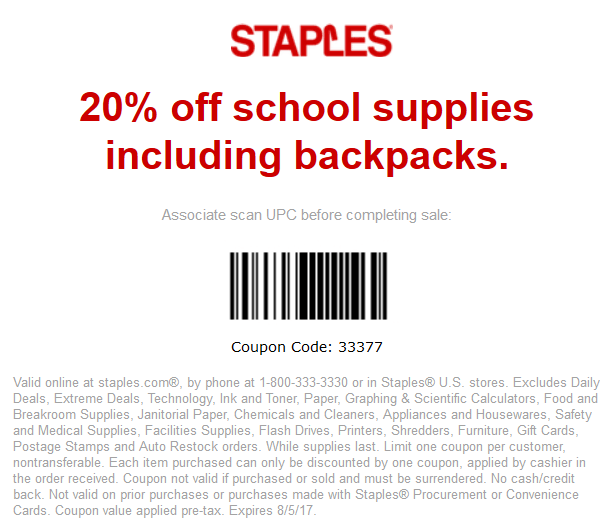 Staples Coupon April 2024 20% off school supplies today at Staples, or online via promo code 33377