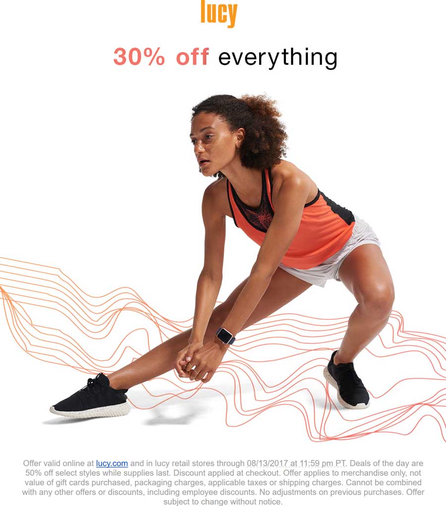 Lucy Coupon April 2024 30% off everything at Lucy, ditto online