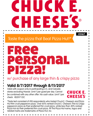 Chuck E. Cheese Coupon April 2024 Personal pizza free with your large at Chuck E. Cheese