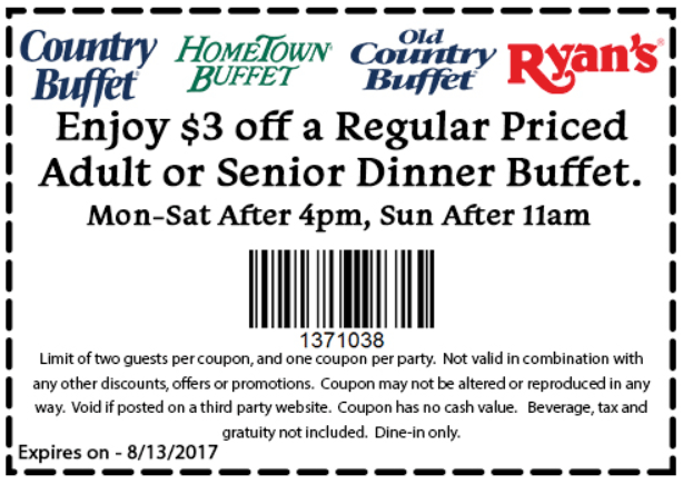Ryans Coupon April 2024 $3 off dinner at Country Buffet, Ryans, HomeTown Buffet & Ryans