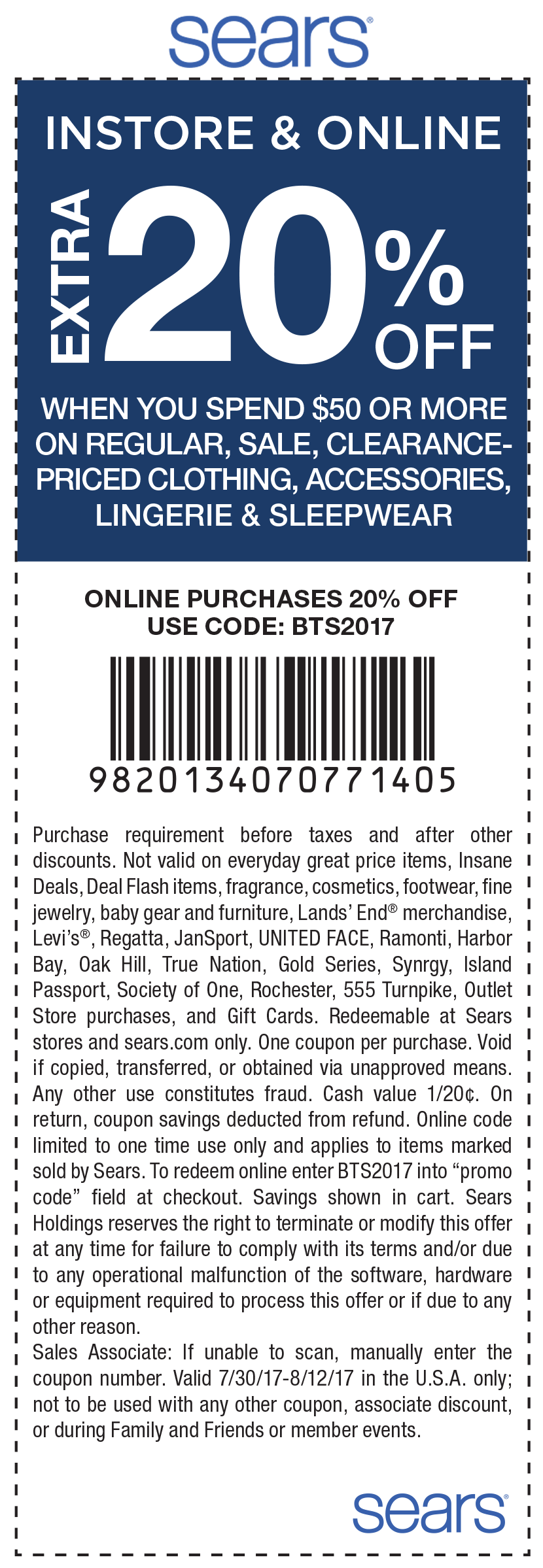 Sears Coupon April 2024 Extra 20% off $50 on apparel at Sears, or online viap romo code BTS2017